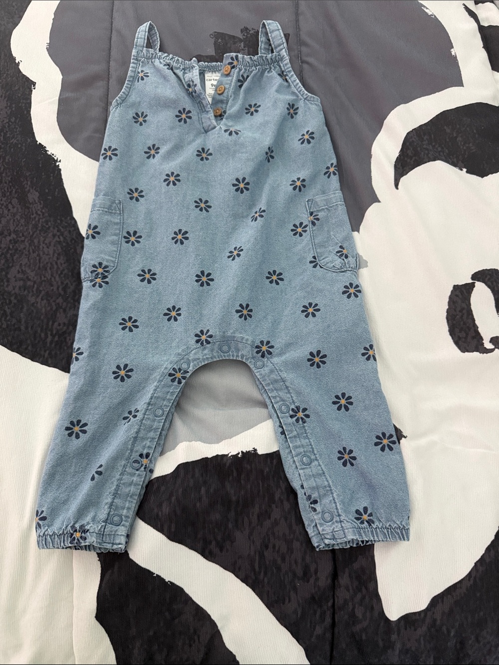 Carter's Light Denim Blue Romper with Navy Daisy Print